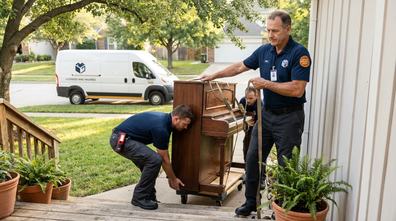 Licensed piano movers securing grand piano in Redmond, OR