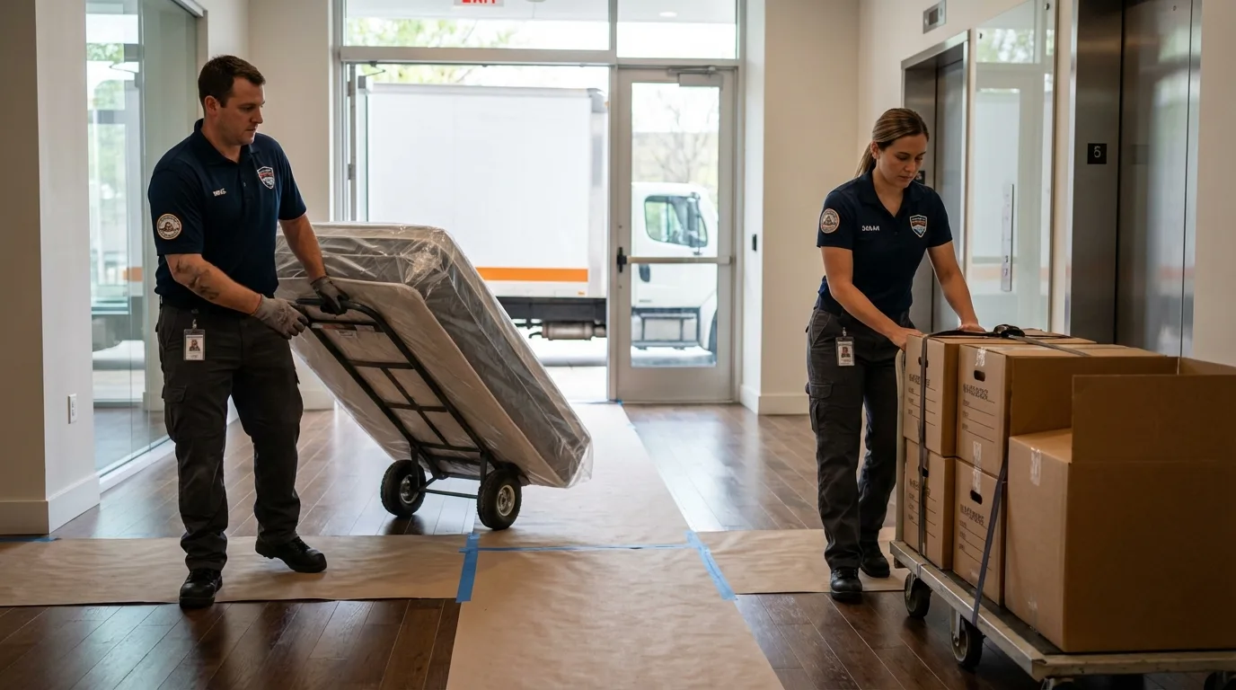 Professional apartment movers loading elevator in Redmond, OR